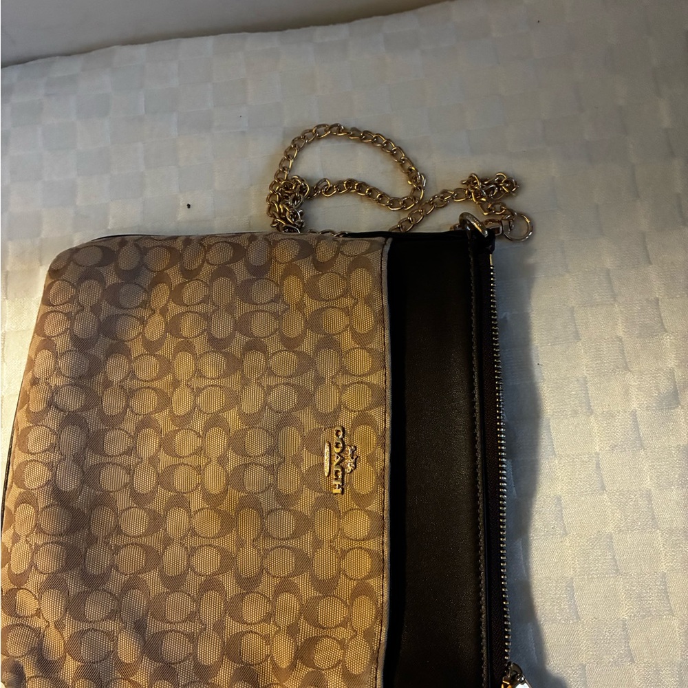 Coach Khaki Signature Canvas Crossbody with Black Trim and Gold Chain